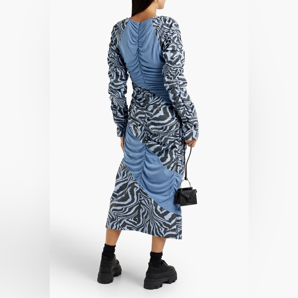 GANNI x AHLUWALIA Ruched Patchwork Cotton Poplin Mesh Midi Dress Size 38 (6) - Picture 3 of 12